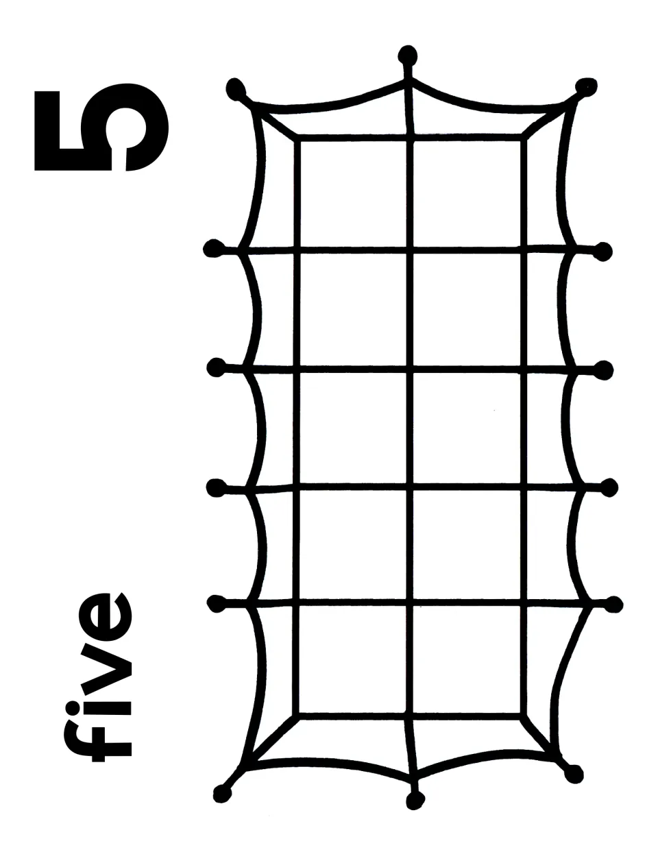 Number 5 counting mat with numeral 5 and the word five beside a spiderweb ten frame; five counters fill one full row