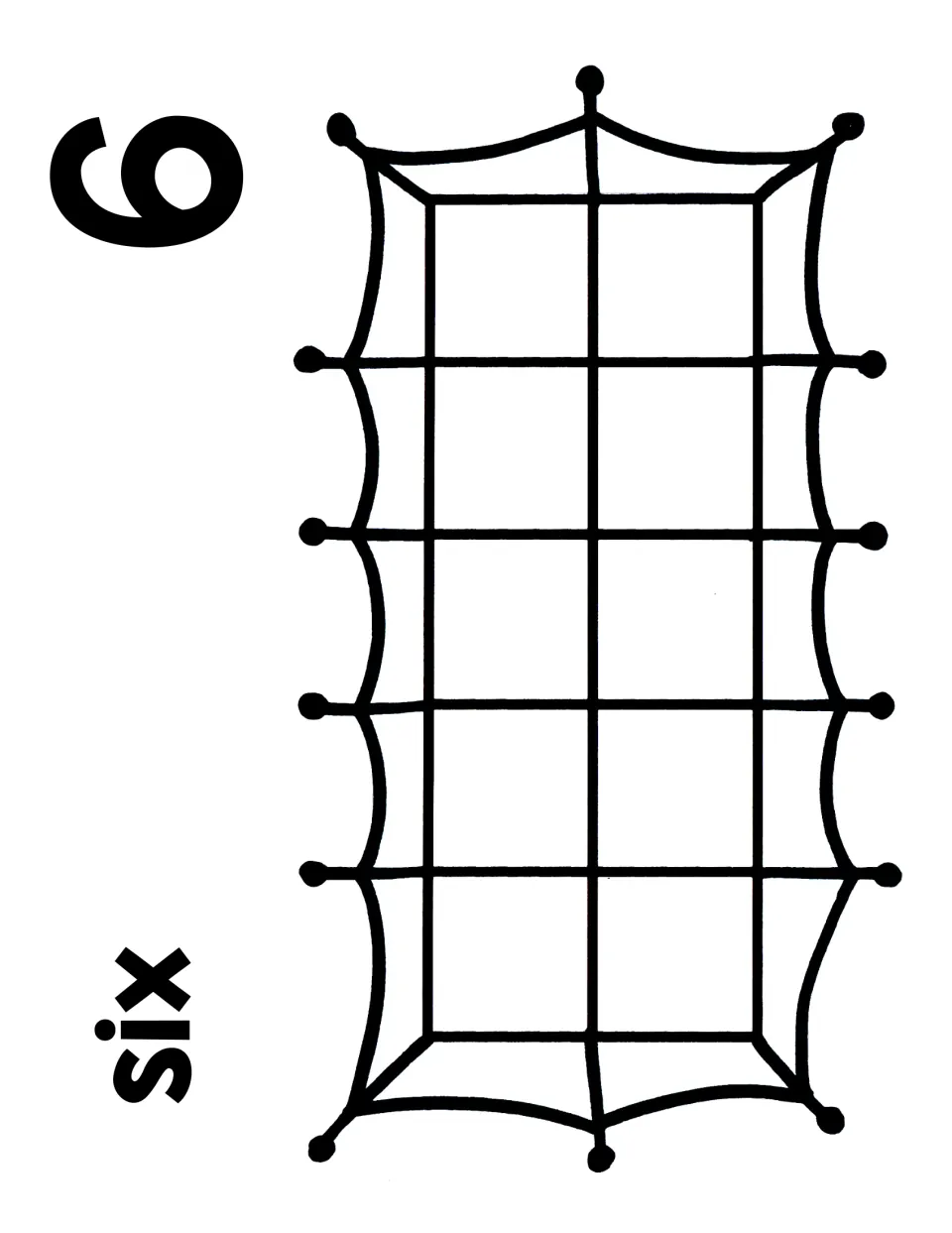Number 6 counting mat: numeral 6 and the word six with a spiderweb ten frame for showing six as five and one more