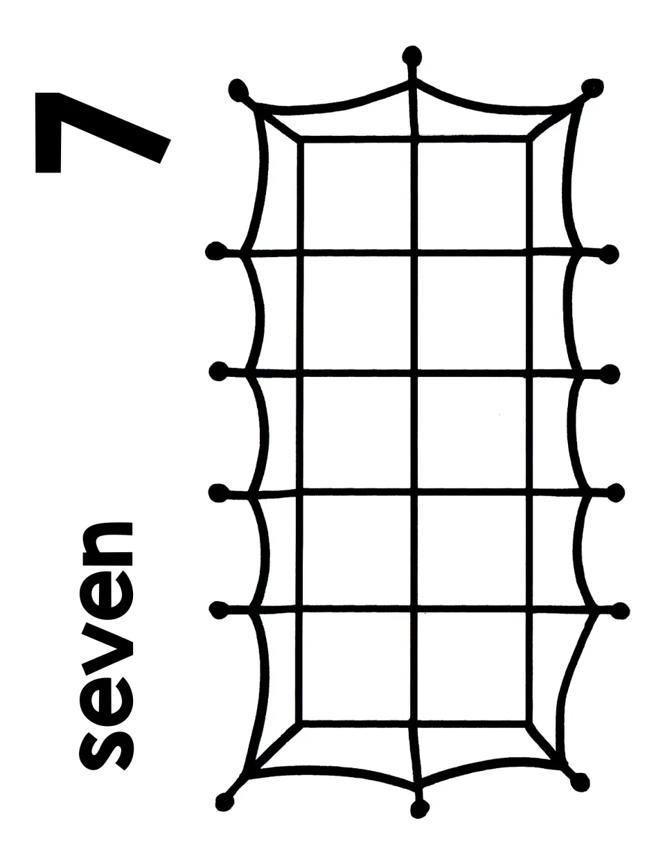 Number 7 counting mat showing numeral 7 and the word seven next to a spiderweb ten frame for placing seven counters