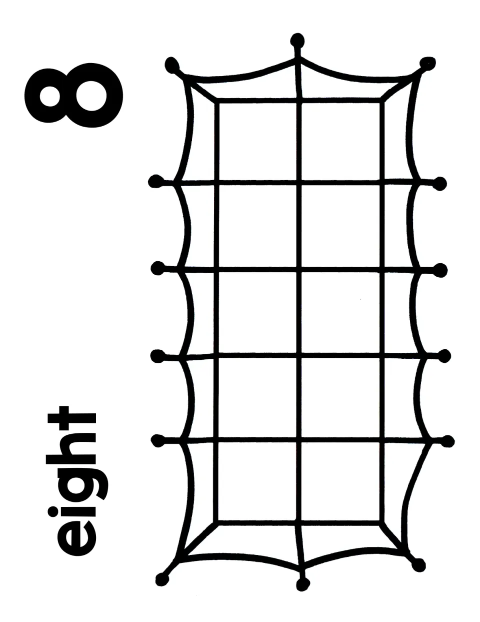Number 8 counting mat: numeral 8 and word eight by a spiderweb ten frame; students count eight items and see two empty