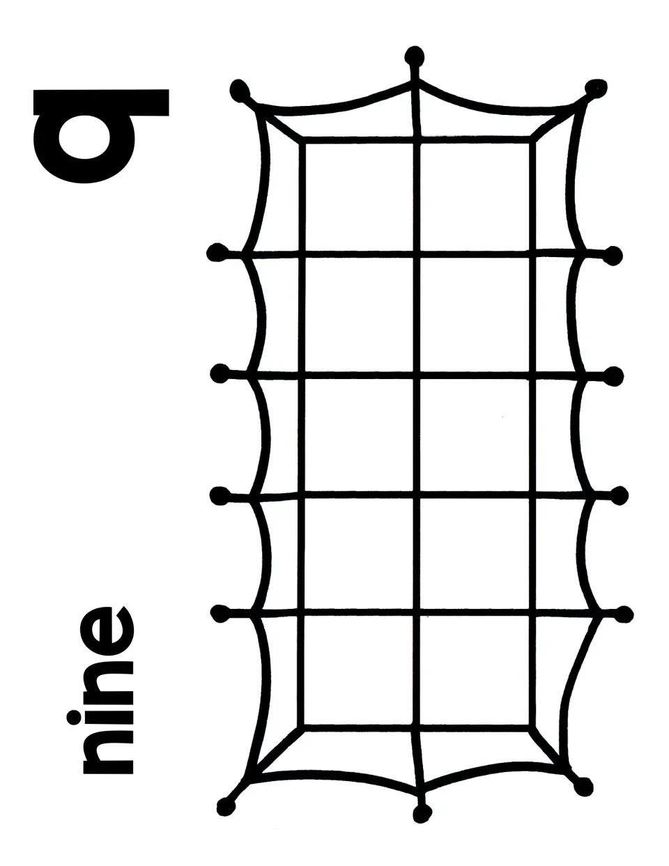 Number 9 counting mat with numeral 9 and the word nine beside a spiderweb ten frame for counting out nine objects