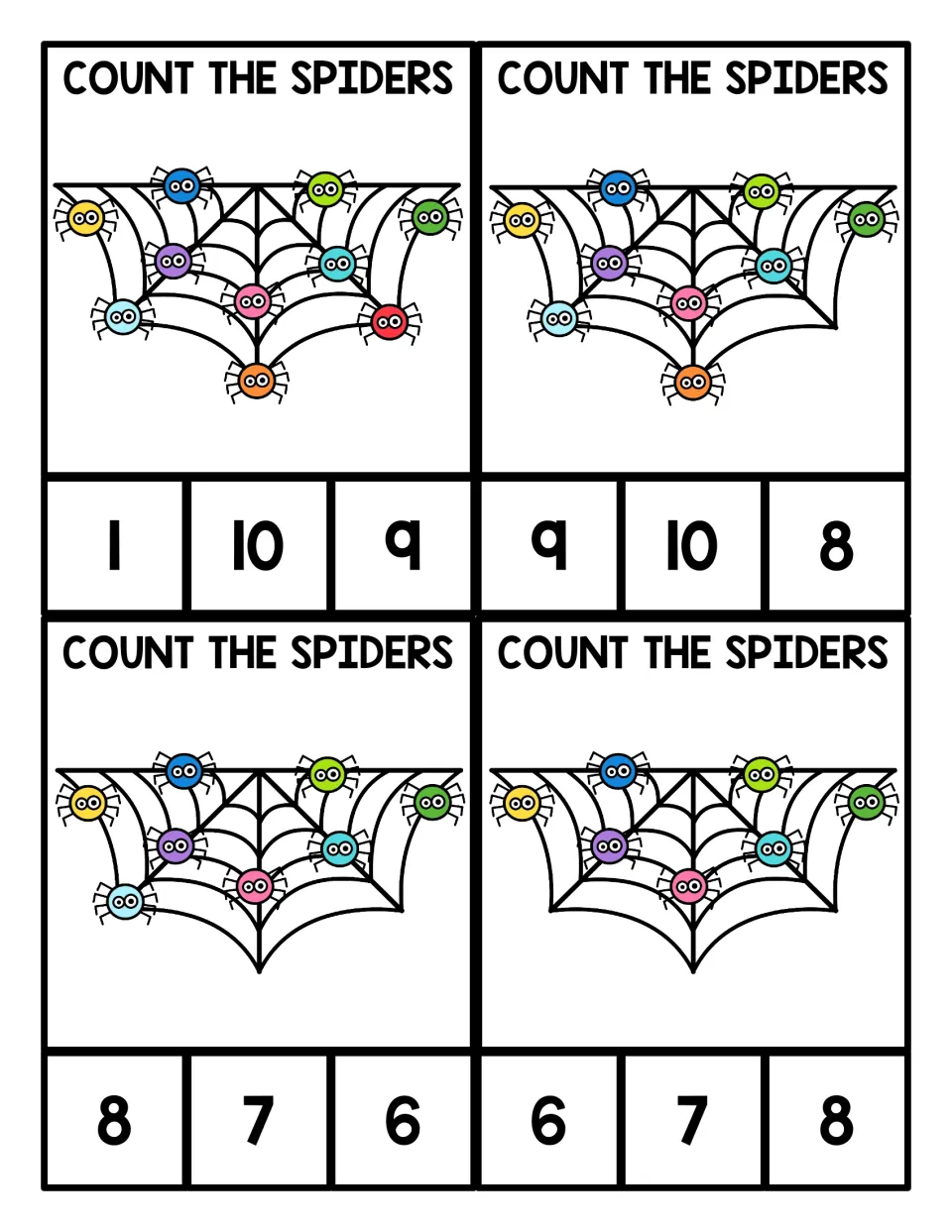 Count the Spiders clip cards for 10, 9, 8 and 7: students count spiders on each web and clip the matching numeral