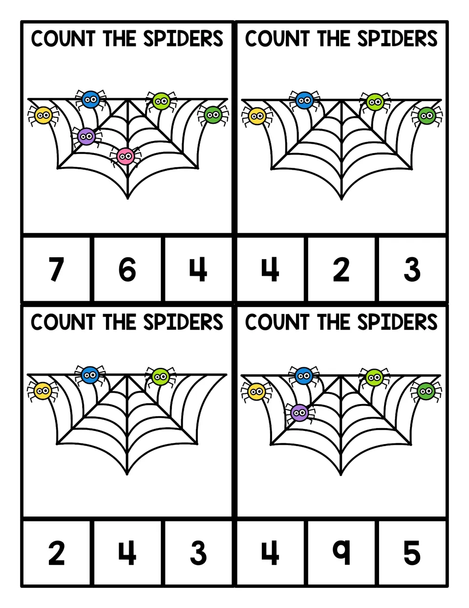 Spider counting cards showing 6, 4, 3 and 5 spiders on webs; students count each set and clip the right numeral