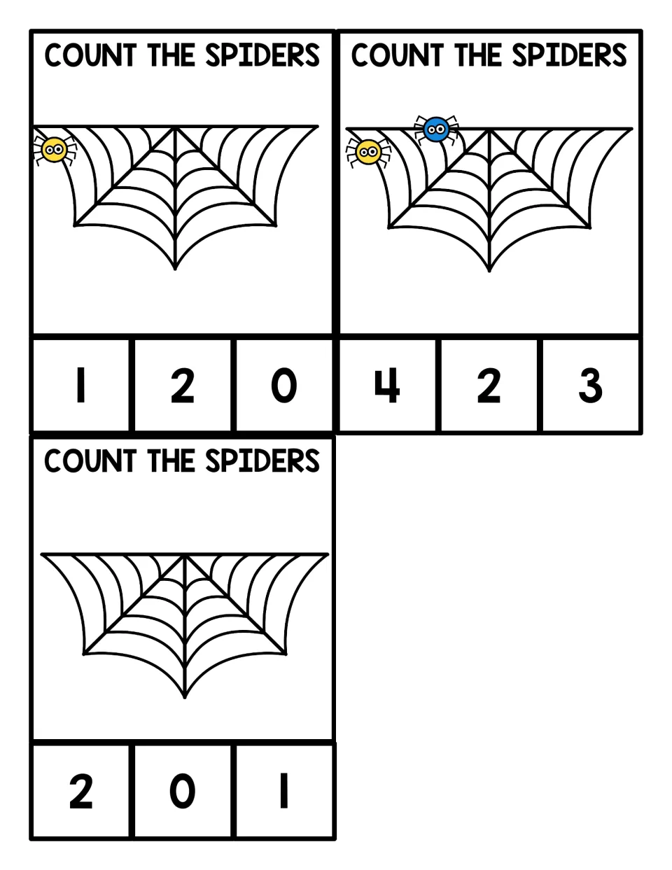 Counting small sets: cards with 1 spider, 2 spiders and an empty web for zero; students choose the numeral that matches