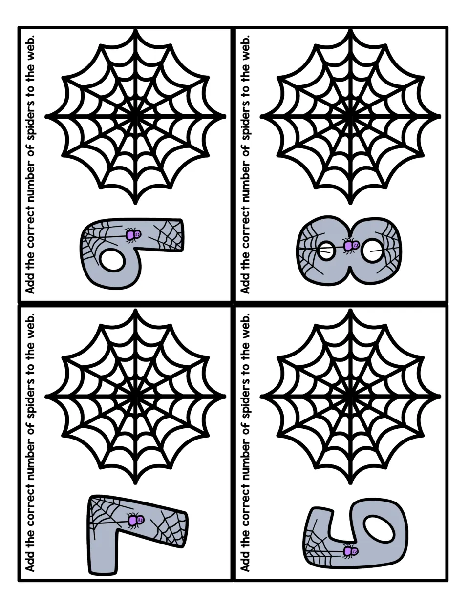 Spider counting cards for 9, 8, 7 and 6: students add that many spiders to each web, counting objects to match a numeral