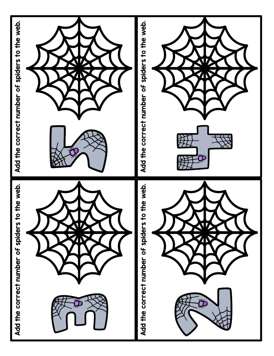 Spider web counting cards for 5, 4, 3 and 2: students place the matching number of spiders on each web to show the quantity