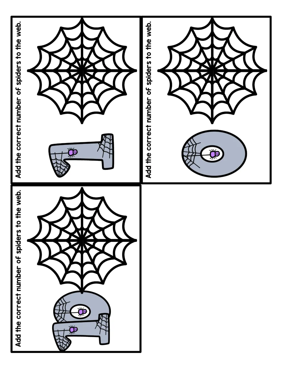 Spider web counting cards for 1, 0 and 10: students add one spider, none, or ten spiders to the web to match each numeral