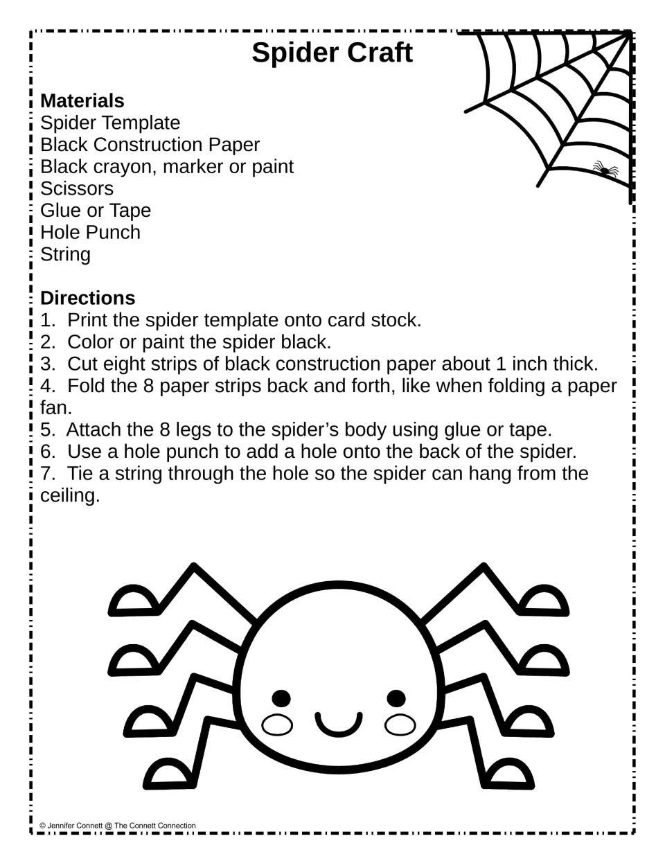 Spider craft materials list and 7 directions: color the body black, add 8 folded paper-strip legs, hang it by string