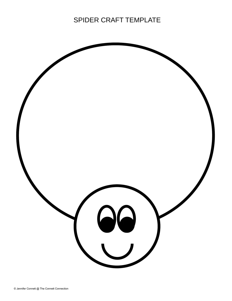 Spider body outline for card stock: a large oval abdomen and round head with big eyes and a smile to color and cut out