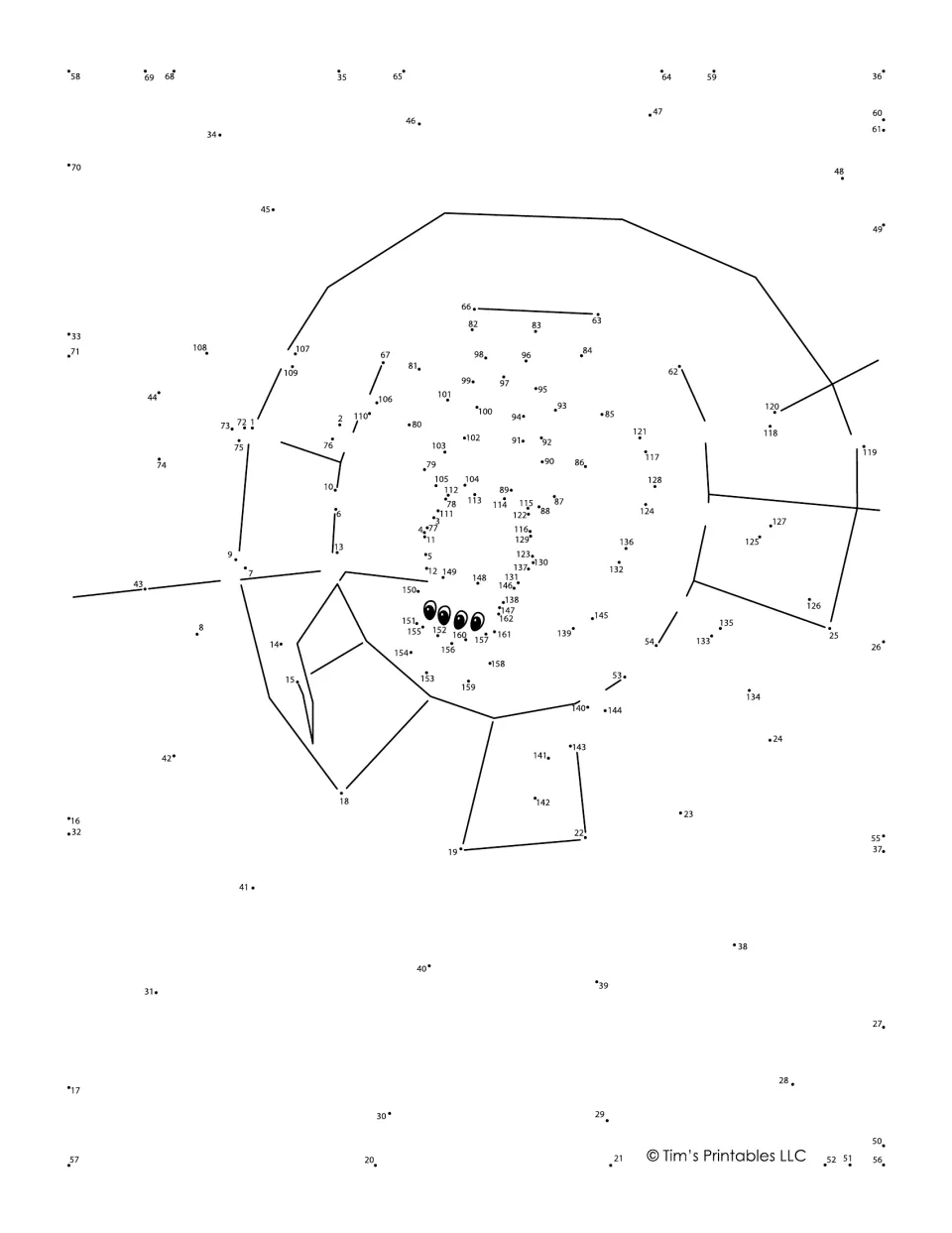 Spider and web dot-to-dot: students connect numbered dots from 1 to 162 to finish a spider with four eyes on its web