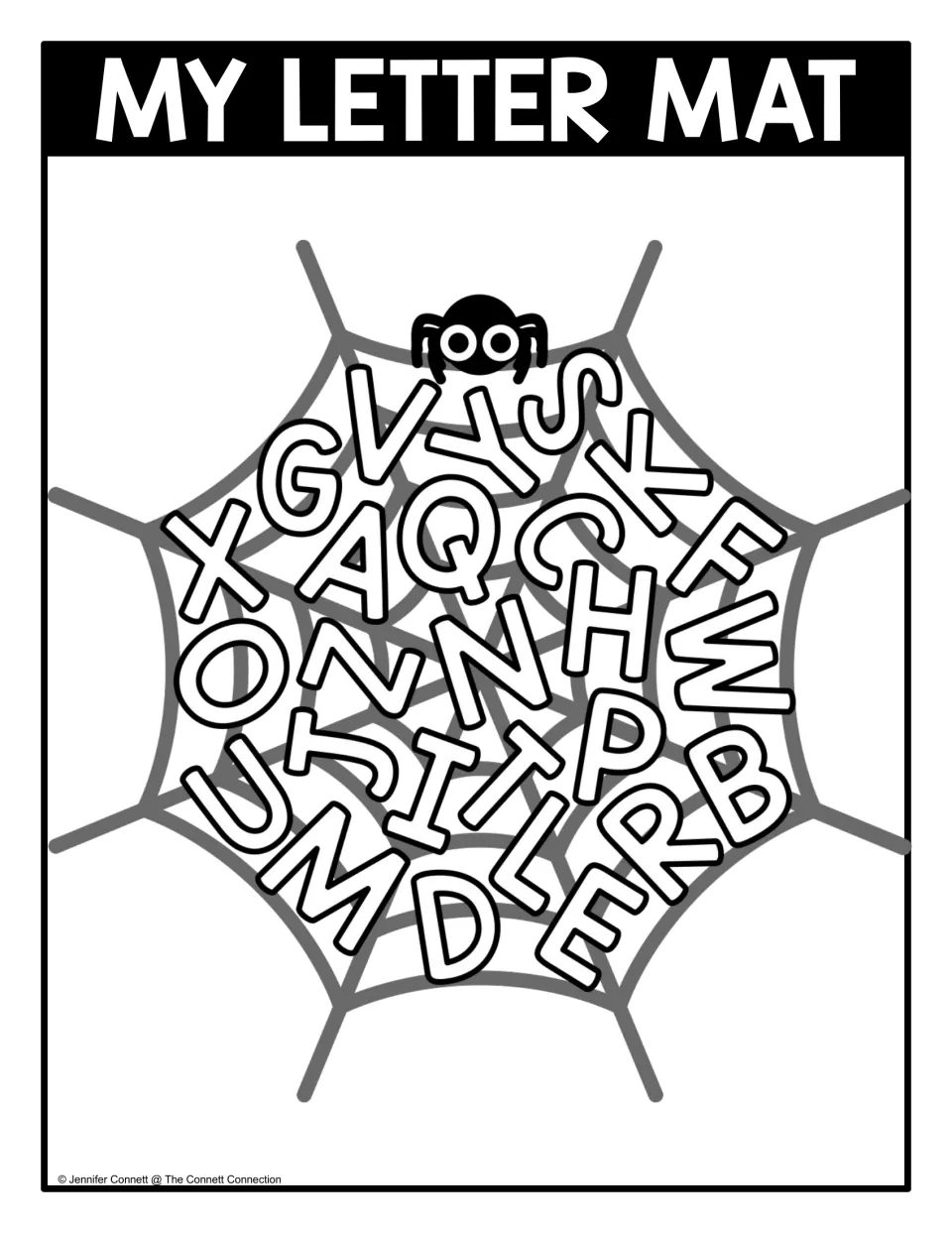 My Letter Mat: capital letters overlap on a spider web, and students seek and find each one to practise letter recognition