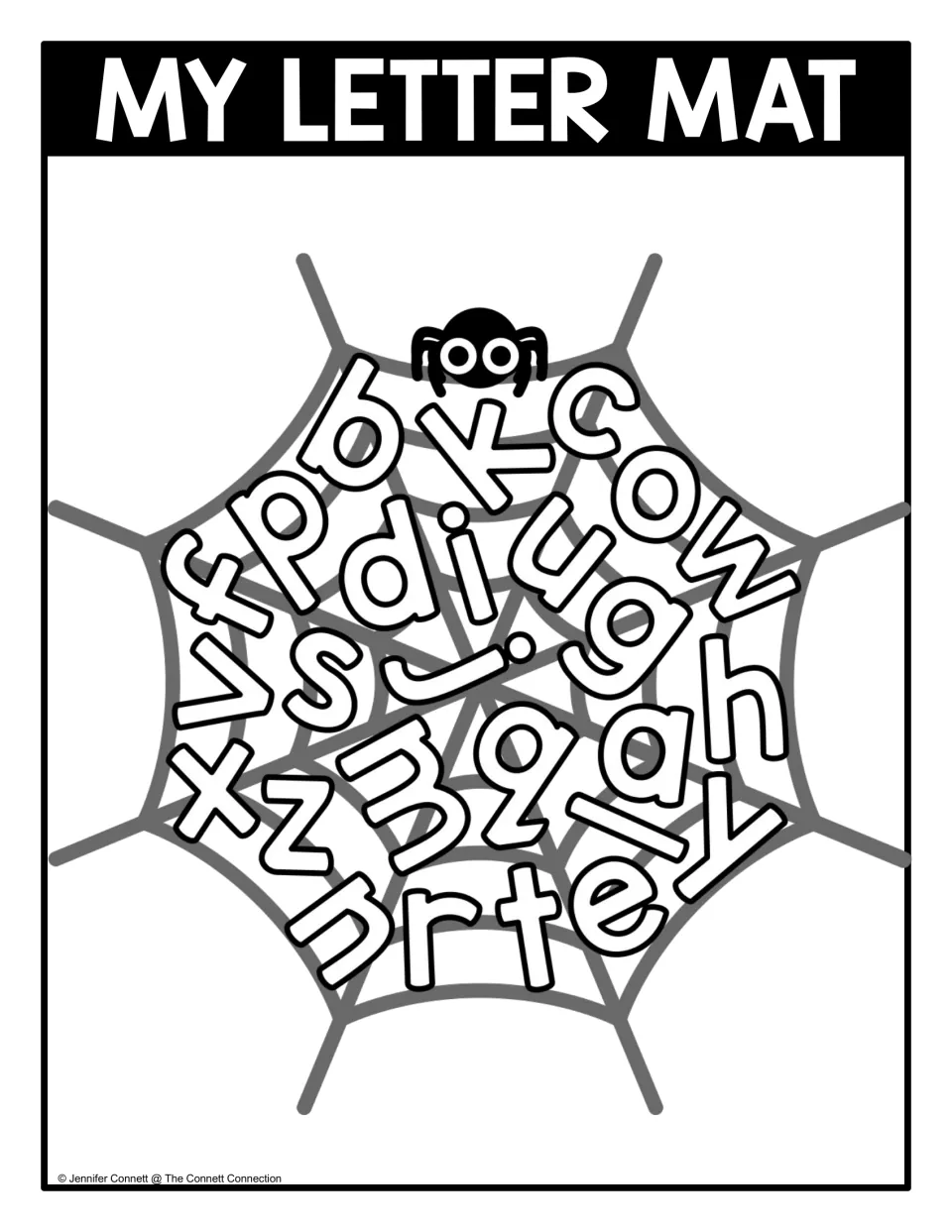 Lowercase letter mat: jumbled small letters on a spiderweb for children to spot and name, practising letter identification