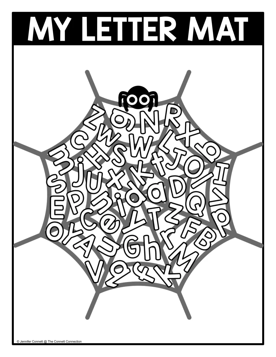 Mixed-case letter mat: capitals and lowercase letters crowd a spider web, so children hunt for both forms of each letter