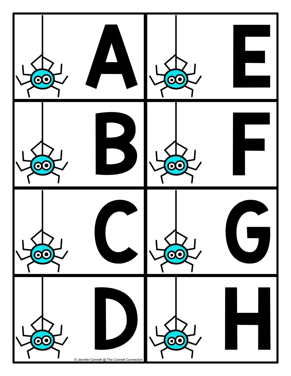 Uppercase letter cards A to H, each with a hanging blue spider, to cut apart and use with the web mats