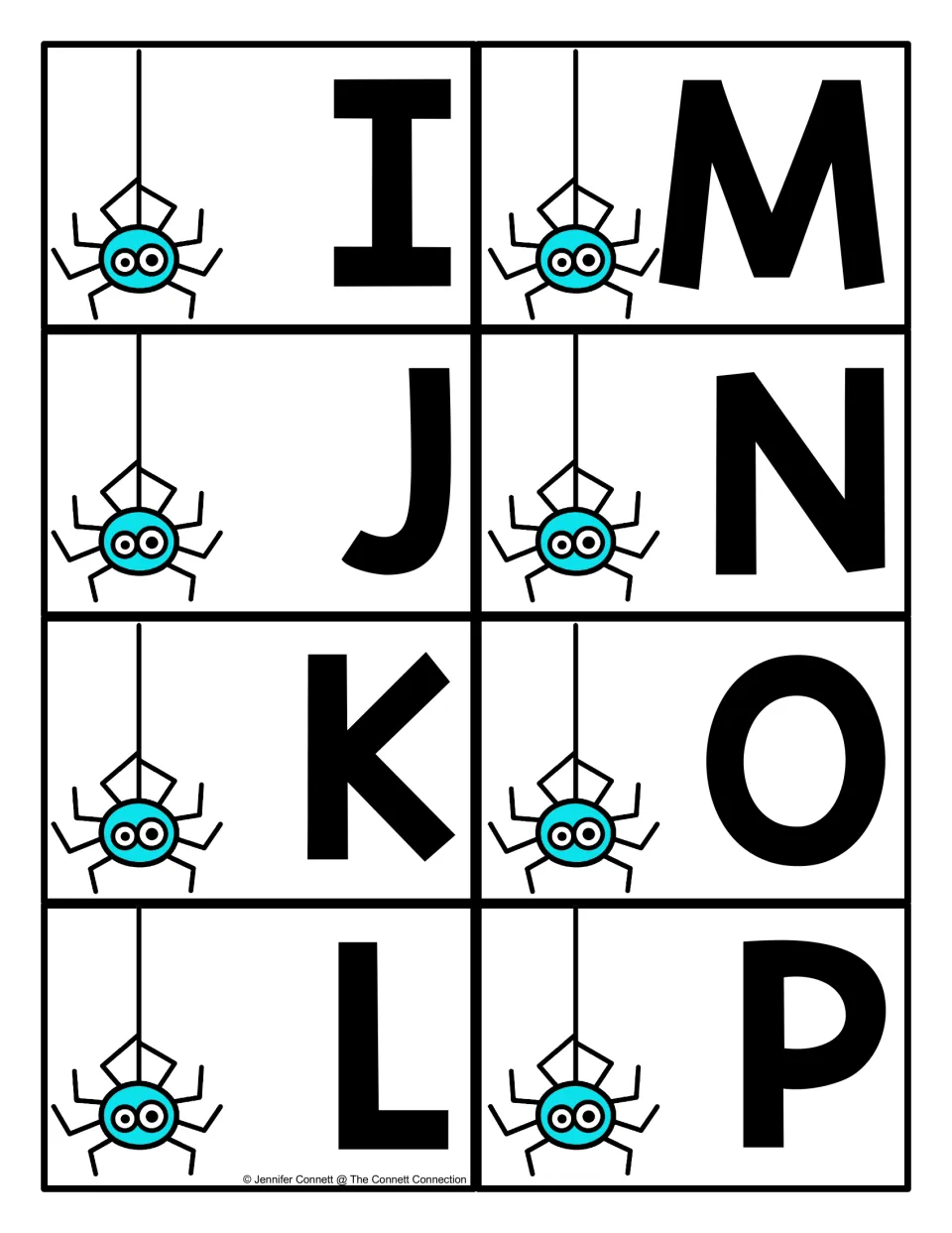 Capital letter cards I through P, each paired with a dangling cartoon spider, for children to pick and locate on a mat