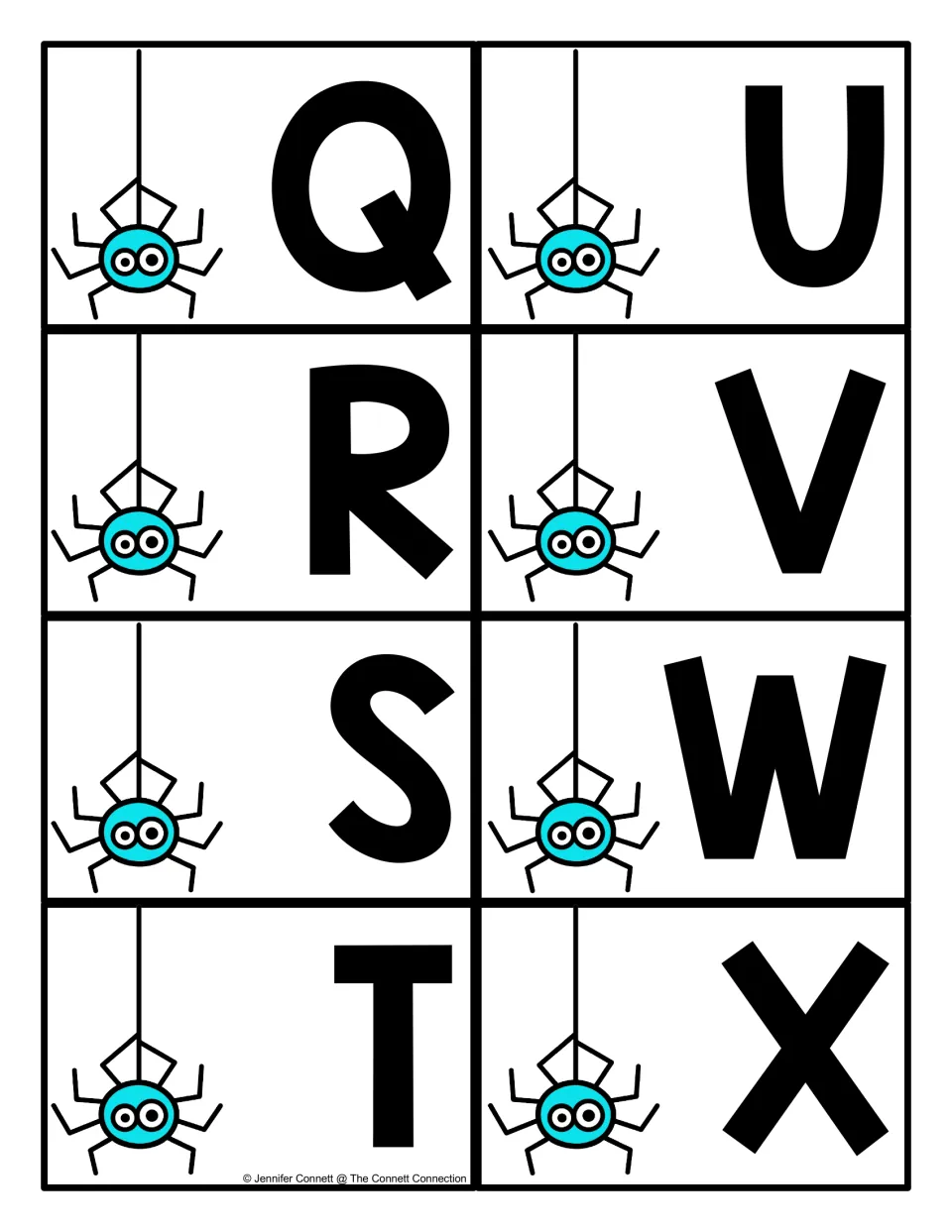 Uppercase spider cards Q through X: eight large capital letters, each beside a blue spider on a thread, to cut out