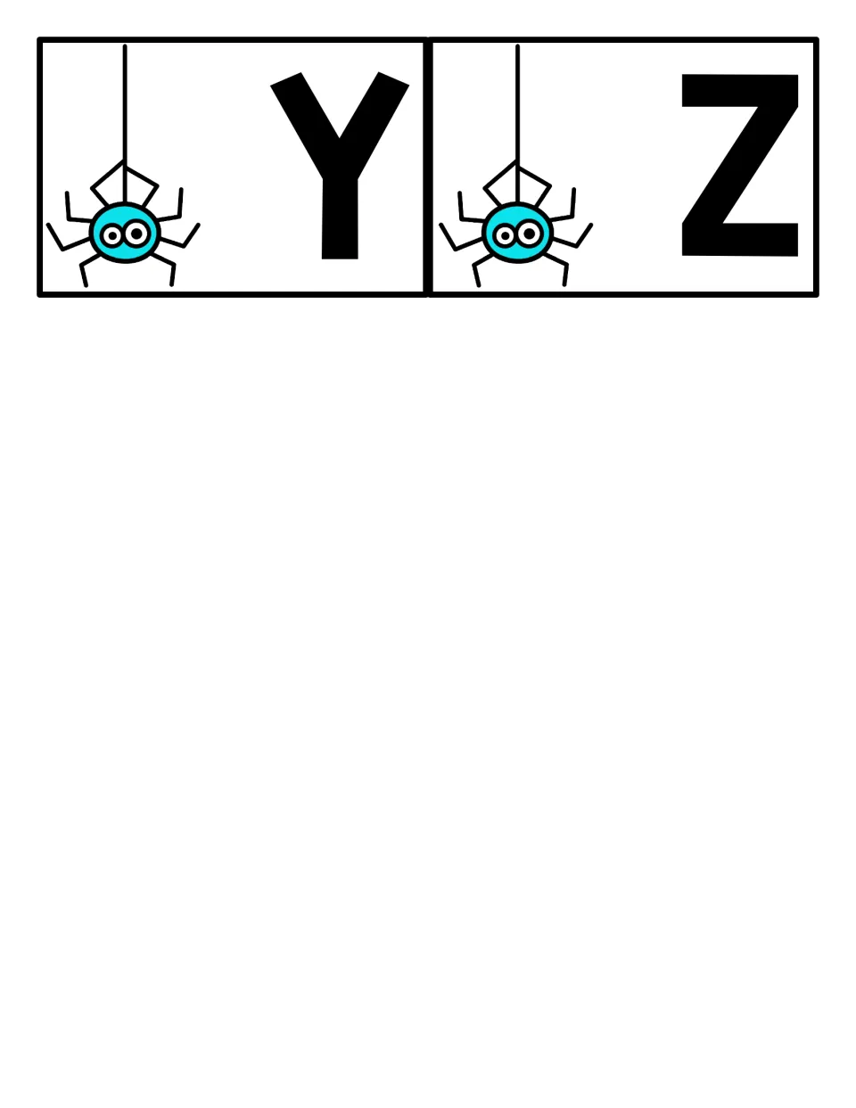 Final two capital letter cards, Y and Z, each with a hanging spider, completing the uppercase alphabet set