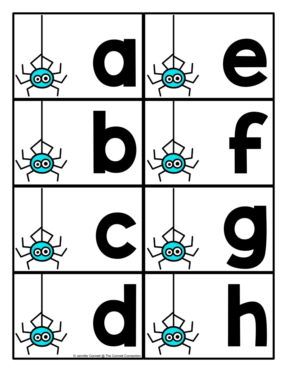 Lowercase letter cards a to h, each with a dangling blue spider, for drawing a letter and finding it on the lowercase mat
