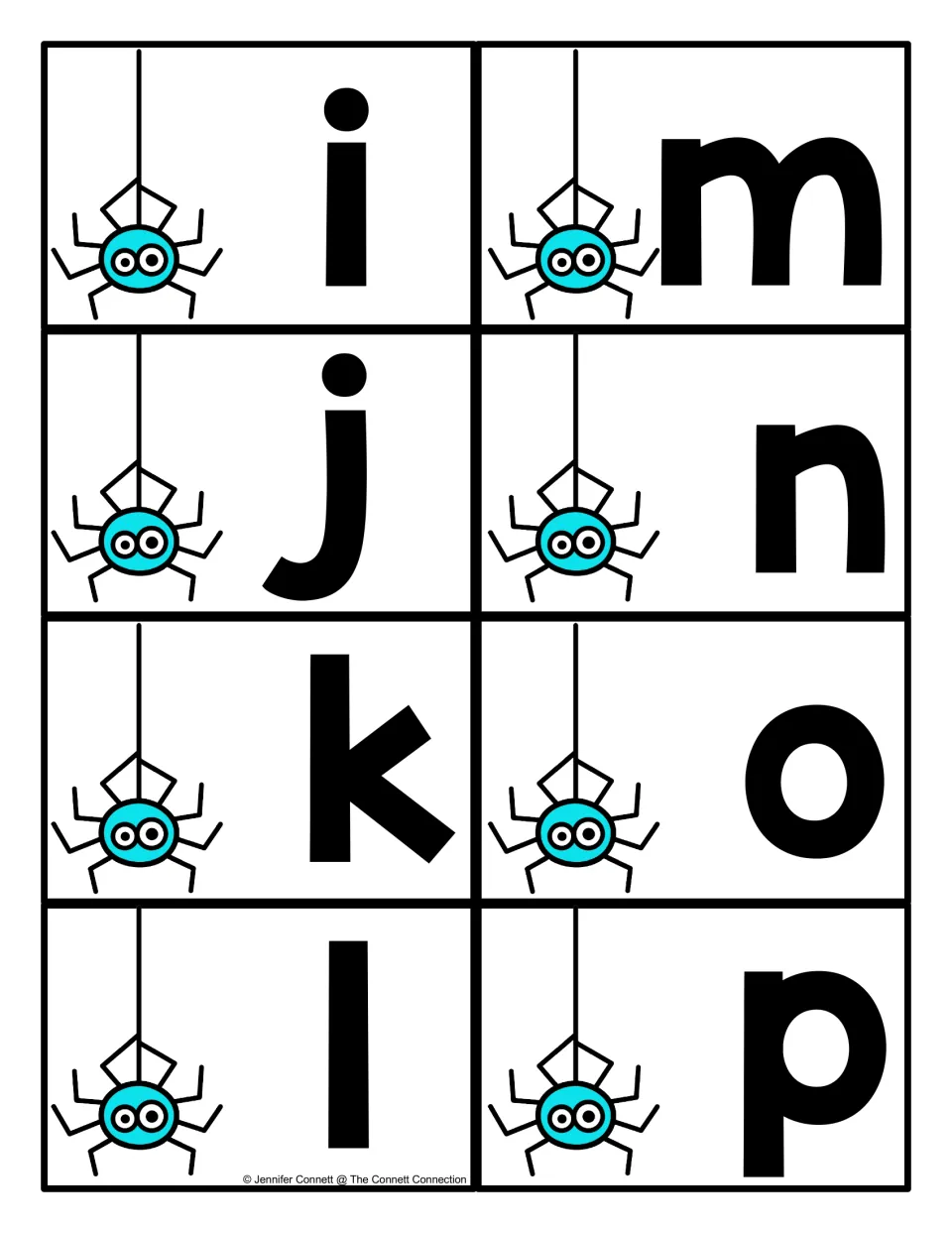 Lowercase cards i through p, each beside a hanging spider, with dotted i and j and tall l among the eight letters