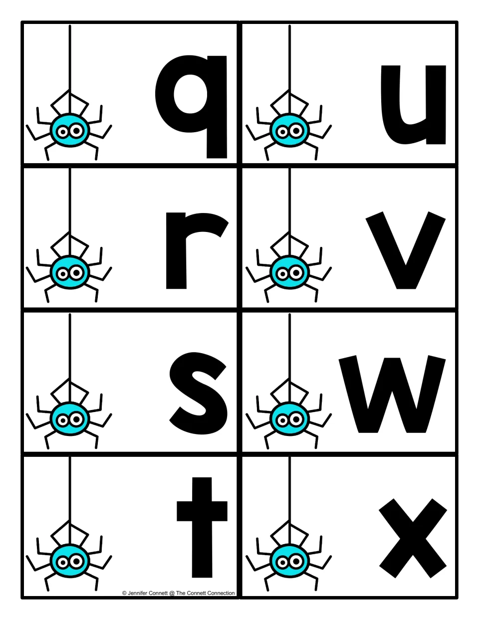 Small-letter spider cards q through x: eight lowercase letters, including q, r, s and w, each shown beside a blue spider