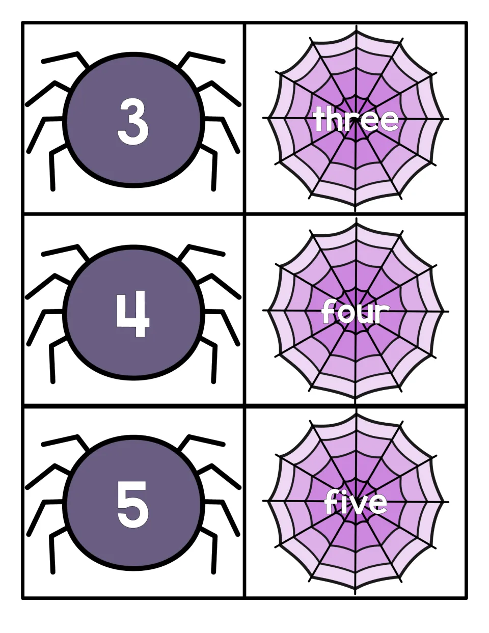 Number words three to five: children match spiders numbered 3, 4 and 5 to webs reading three, four and five