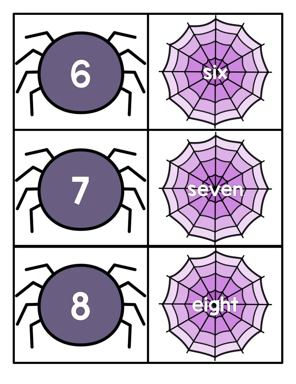 Numerals 6, 7 and 8 on spider cards to match with web cards spelling six, seven and eight for number word recognition