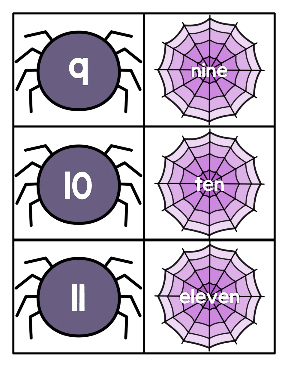 Numbers 9 to 11: students match spider cards for 9, 10 and 11 with web cards reading nine, ten and eleven