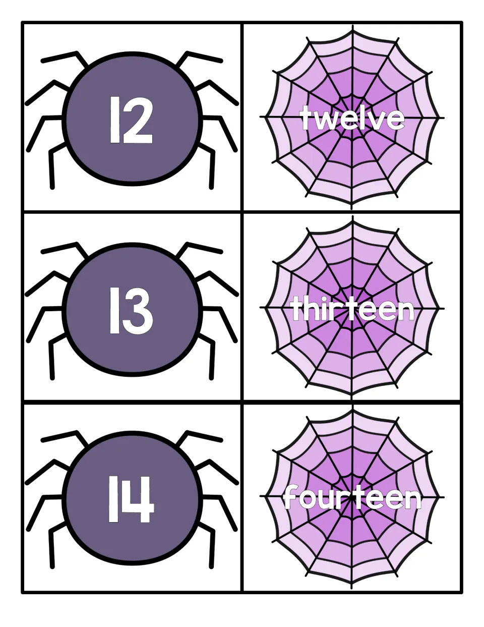 Numbers 12 to 14: students connect spiders marked 12, 13 and 14 with webs spelling twelve, thirteen and fourteen