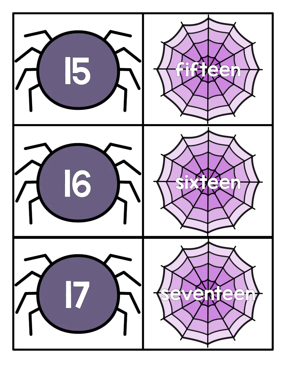 Teen numerals 15, 16 and 17 on spiders to match with web word cards fifteen, sixteen and seventeen