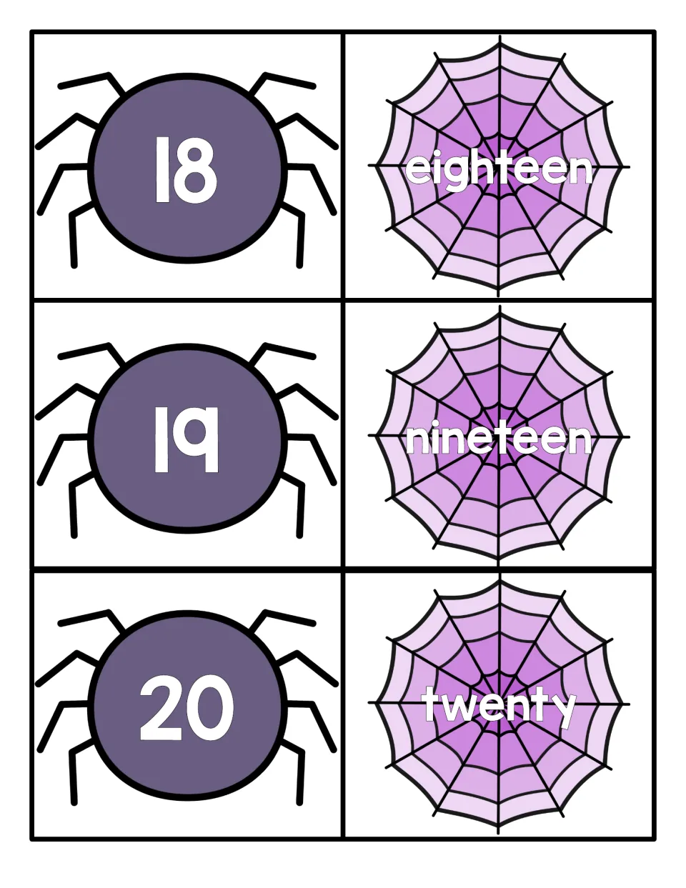 Numbers 18 to 20: spider numeral cards 18, 19 and 20 pair with purple webs reading eighteen, nineteen and twenty