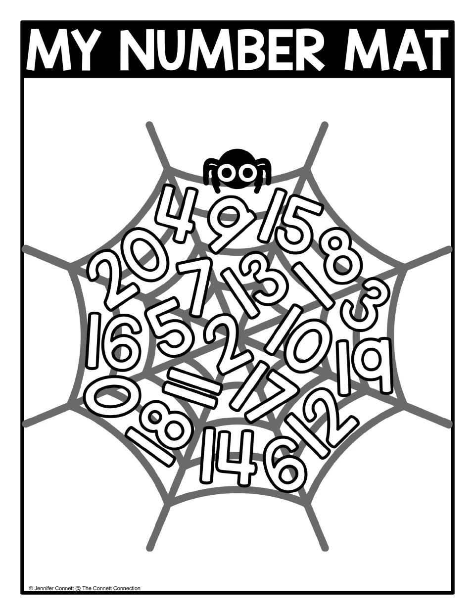 My Number Mat 0 to 20: students hunt for numerals 0 through 20 crowded onto a spider web, recognizing teen numbers