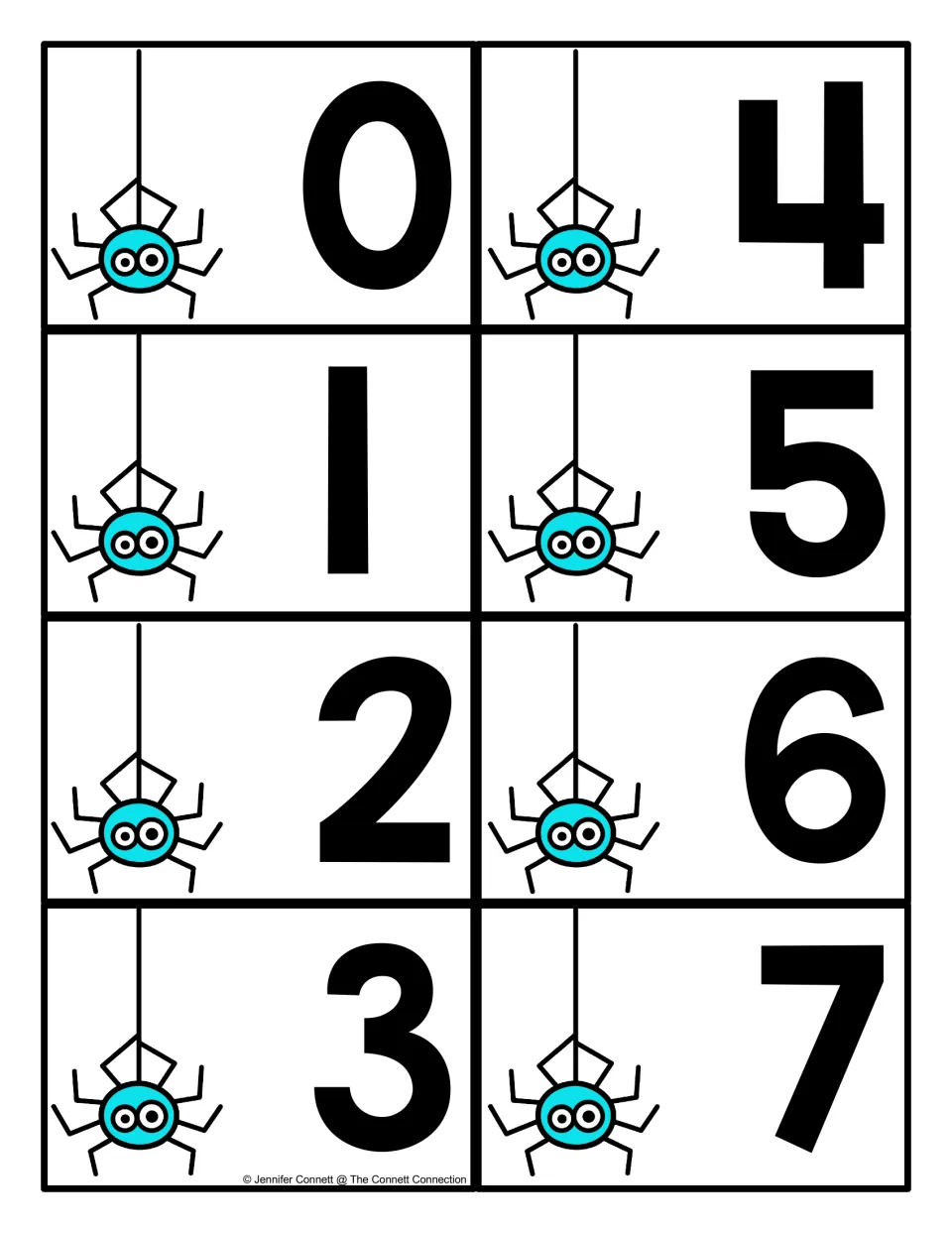 Spider number cards 0 to 7: each card shows a hanging blue spider and a large numeral for students to find on a mat