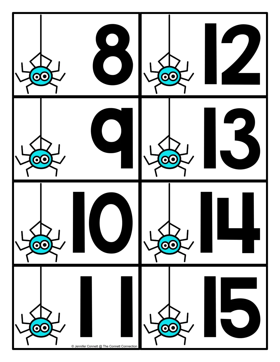 Spider number cards 8 to 15: large numerals with a hanging blue spider, drawn to match numbers on the seek-and-find mats