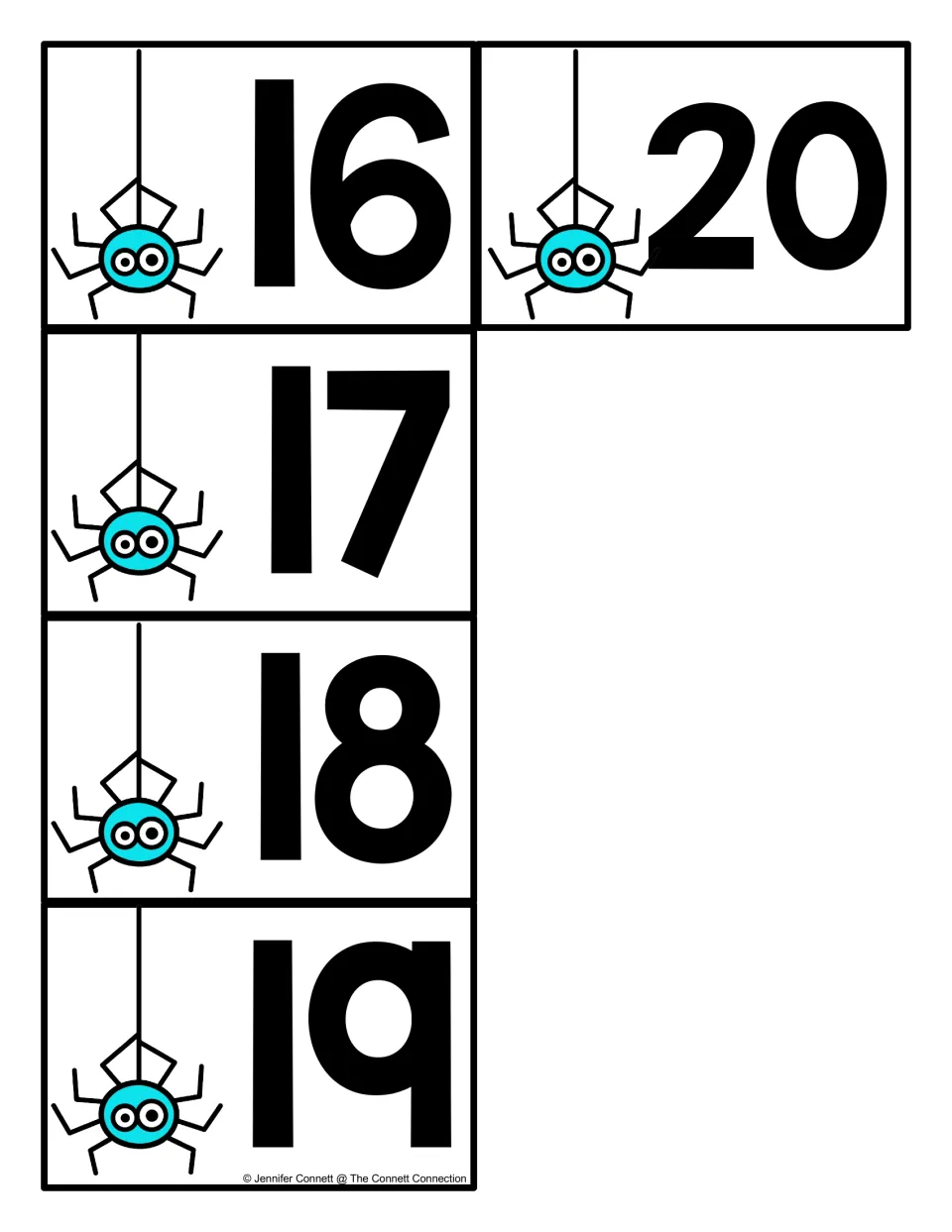 Spider number cards 16 to 20: five cards with a hanging blue spider and a large numeral to finish the 0-20 card set
