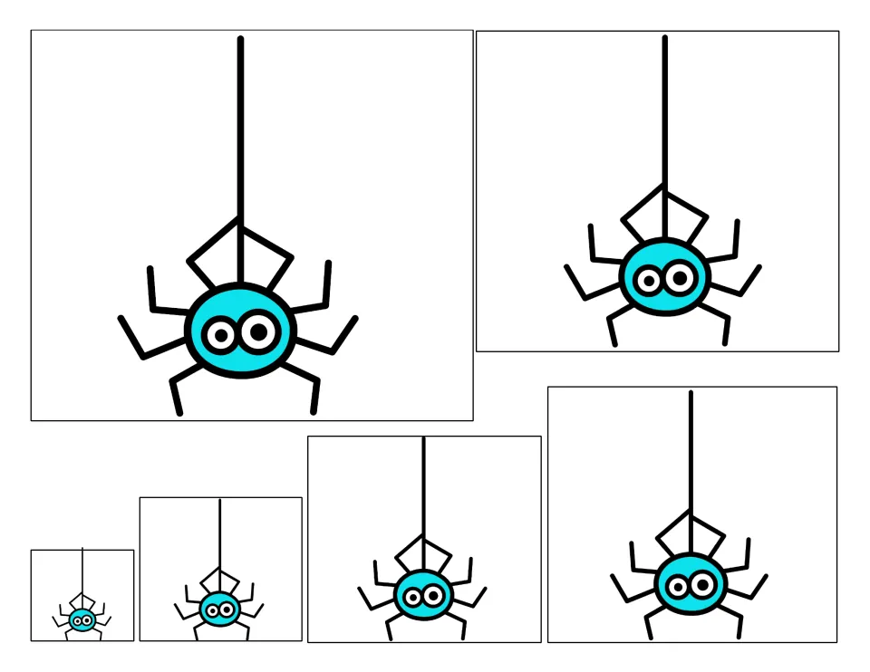 Spider size cover: six blue cartoon spiders hanging on threads, drawn from tiny to large to preview ordering by size