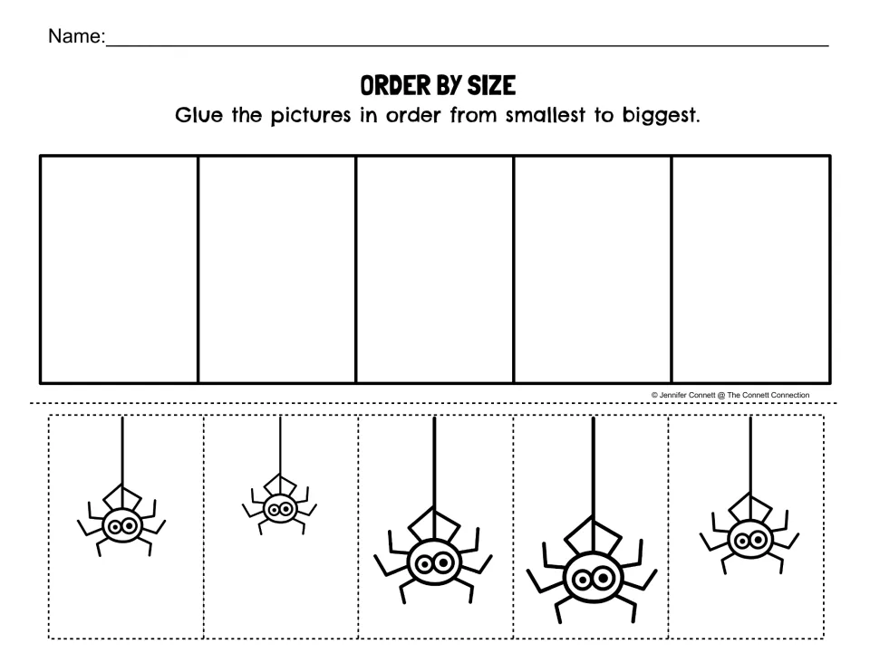 Order by size: students cut out five hanging spiders and glue them in order from smallest to biggest in the five spaces