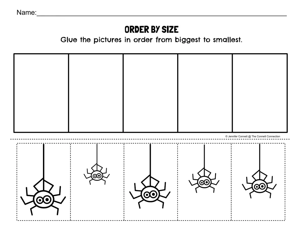 Order by size, reversed: students cut out five spiders and glue them in order from biggest to smallest in the five spaces