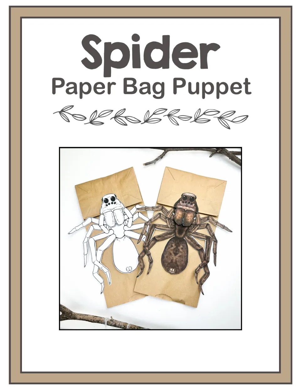 Spider paper bag puppet cover showing a colored spider and a black-and-white version mounted on brown lunch sacks