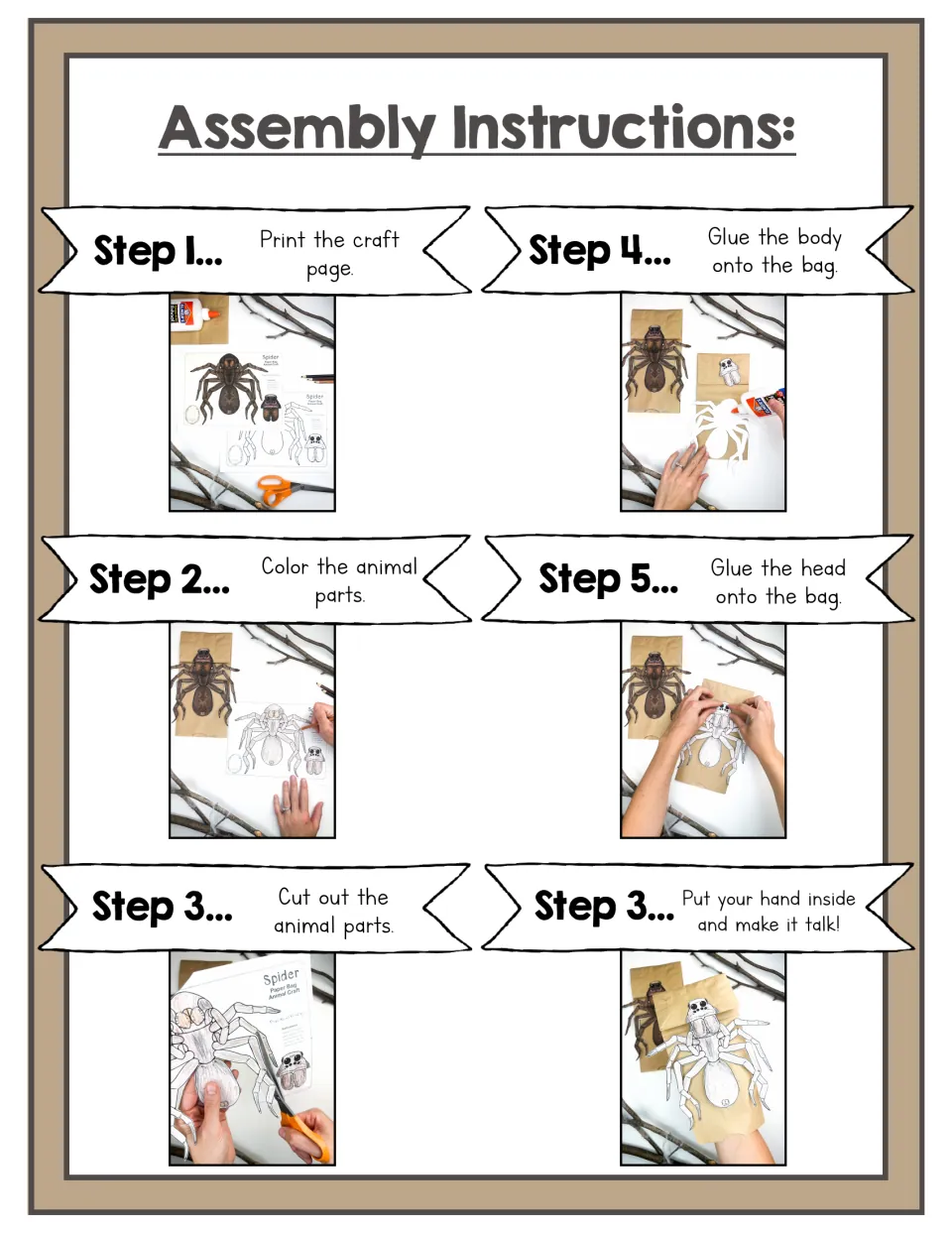 Assembly instructions: six photo steps to print, color and cut out the spider parts, glue body and head, then make it talk