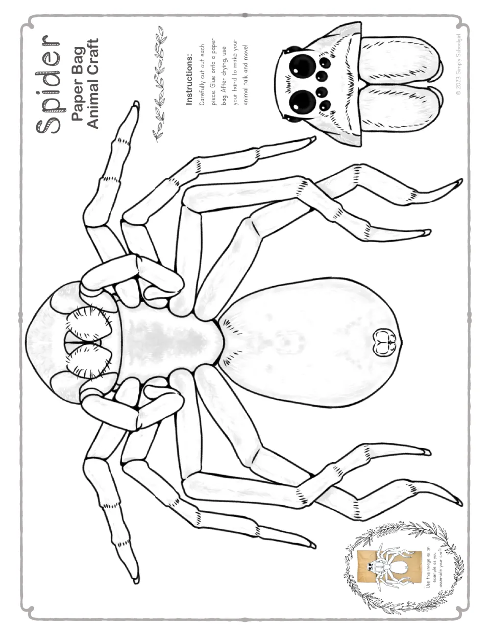 Black-and-white spider template to color: outlined body, eight segmented legs and head with large eyes for cutting out