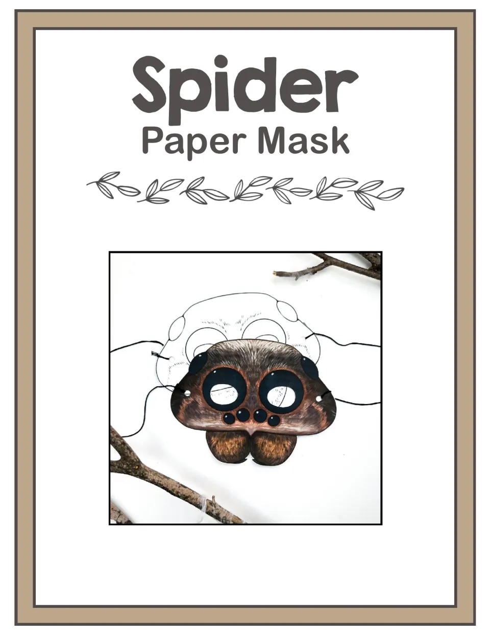 Spider paper mask cover: photo of a finished brown spider mask with eye holes and string ties beside an uncolored outline