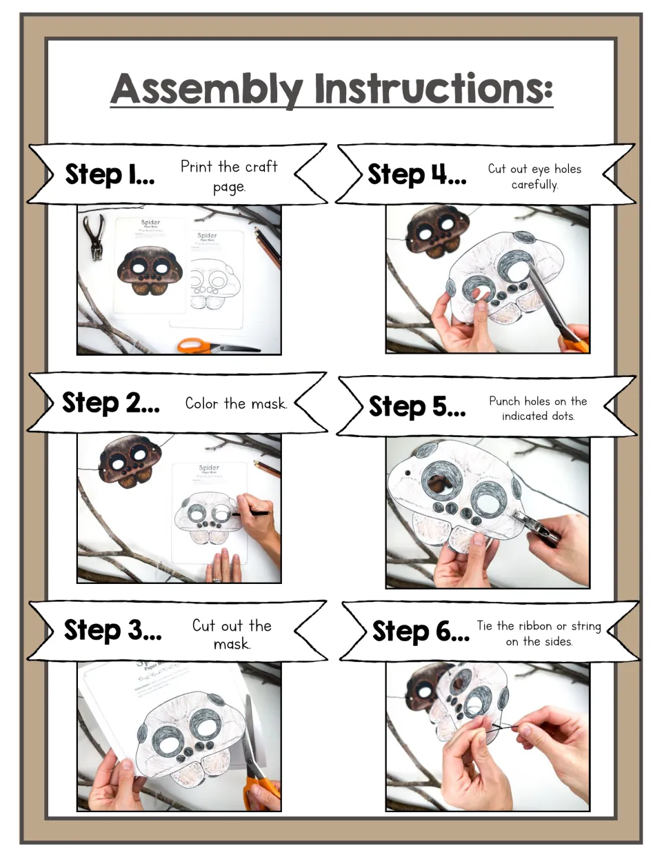 Mask assembly steps in six photos: print, color, cut out the mask, cut eye holes, punch holes at the dots, tie on string