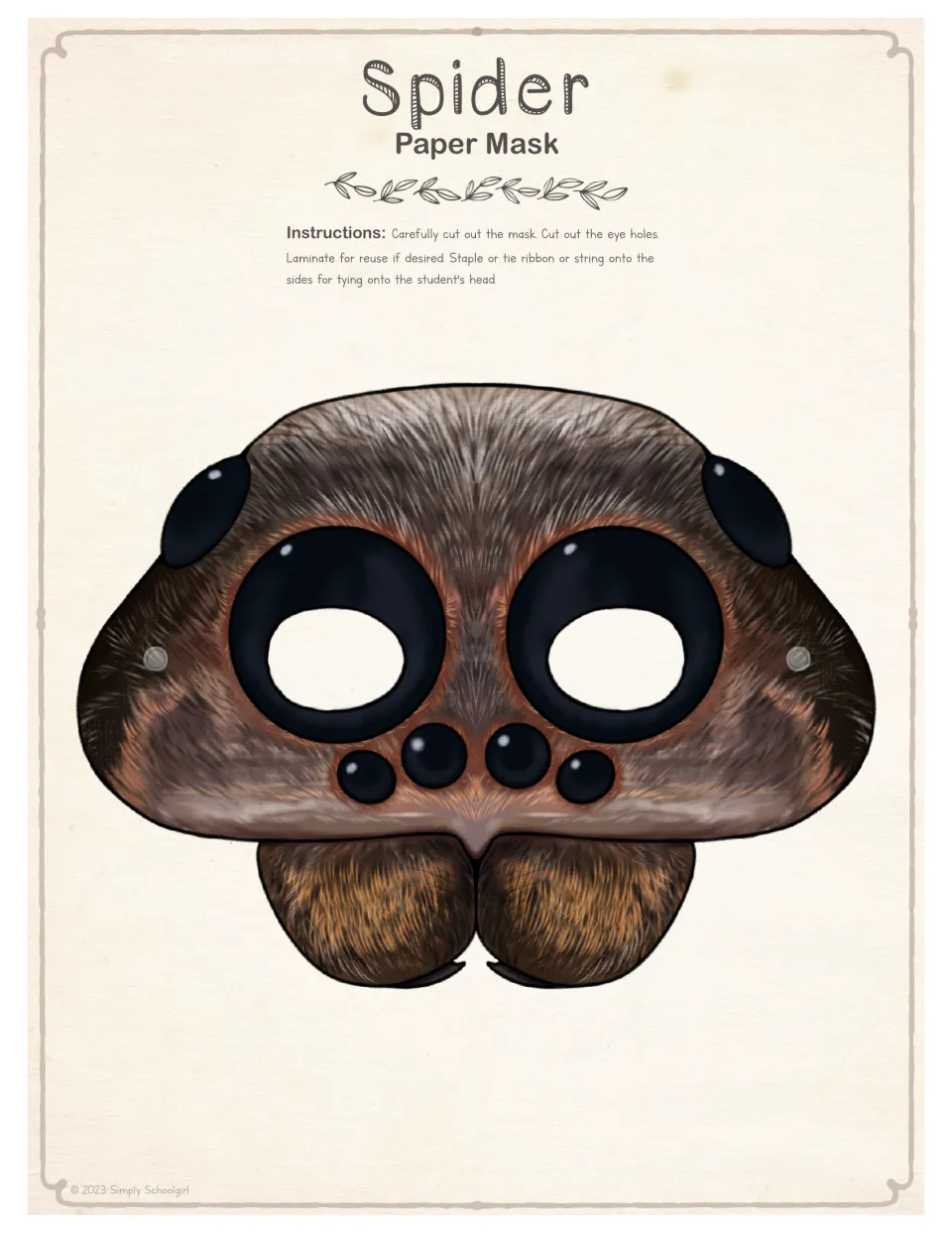 Full-color spider face mask to cut out, with brown furry texture, large black eyes, cut-out eye holes and side tie holes