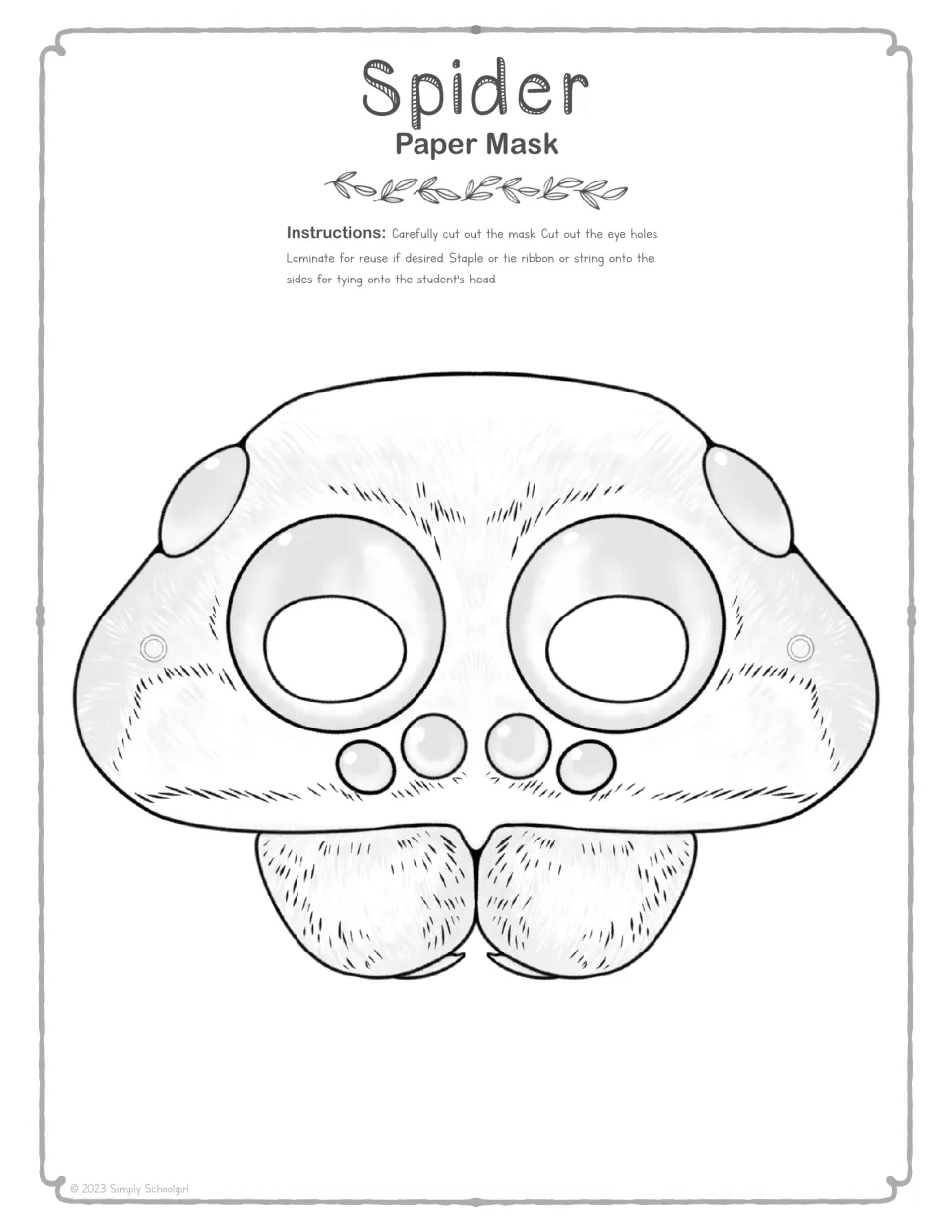 Black-and-white spider face mask outline for students to color, then cut out the eye holes and tie on with ribbon or string