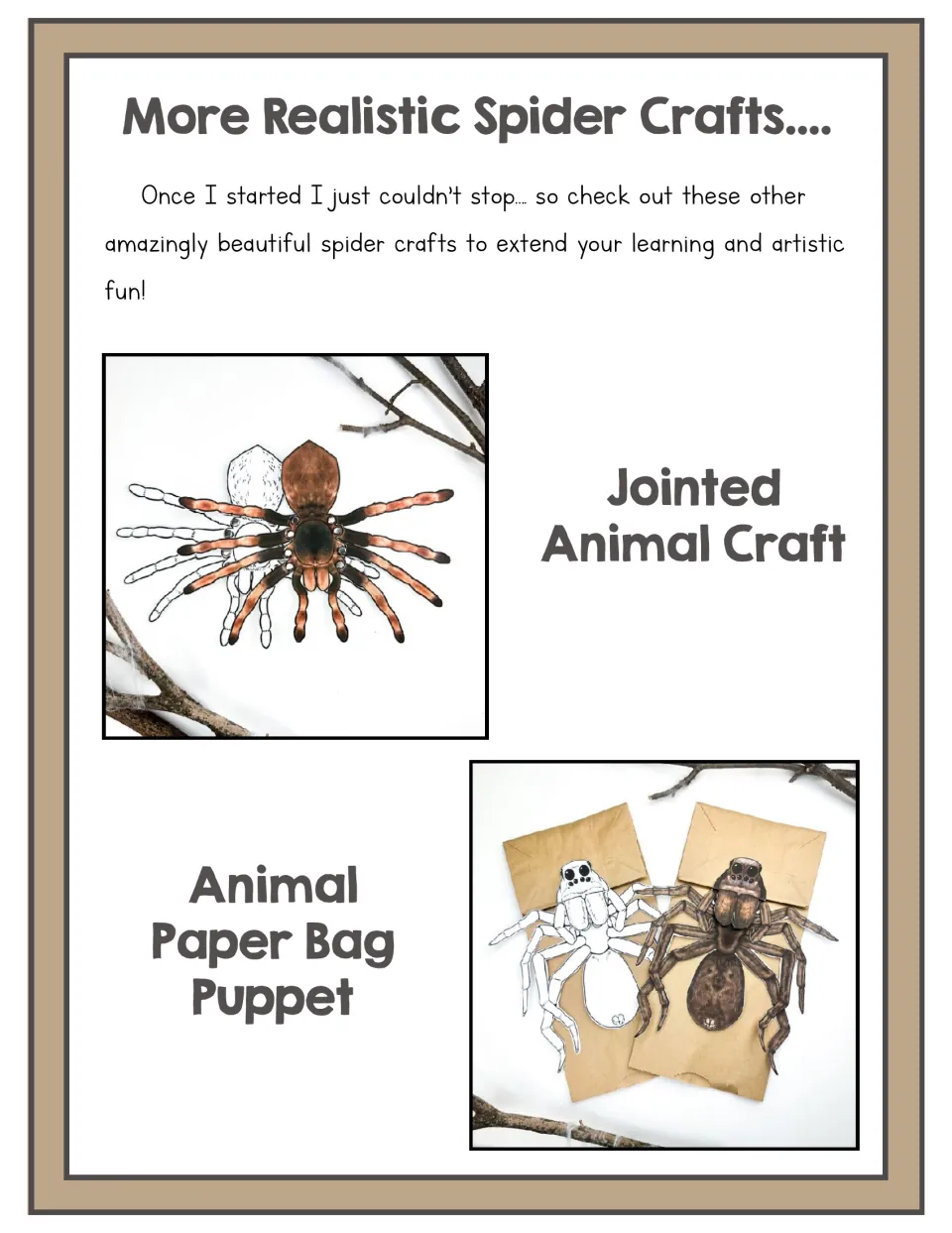 More Realistic Spider Crafts: photos of a jointed spider craft and two spider paper bag puppets from the same creator