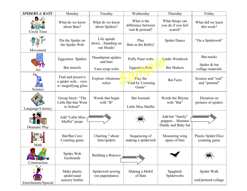Weekly lesson plan for spiders and bats: Monday–Friday activities for circle time, art, science, and math.
