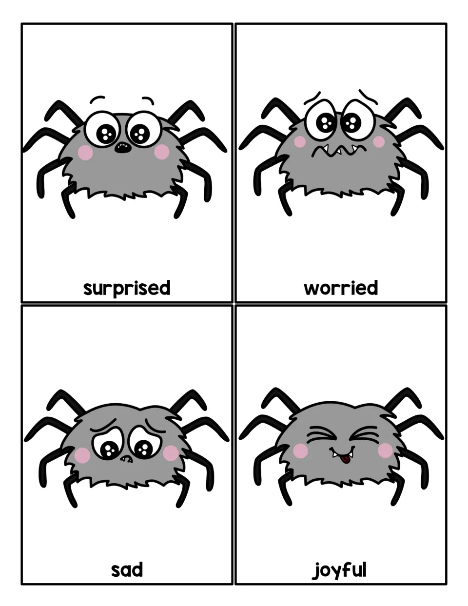 Spider emotion cards: four cartoon spider faces labeled surprised, worried, sad and joyful for naming feelings