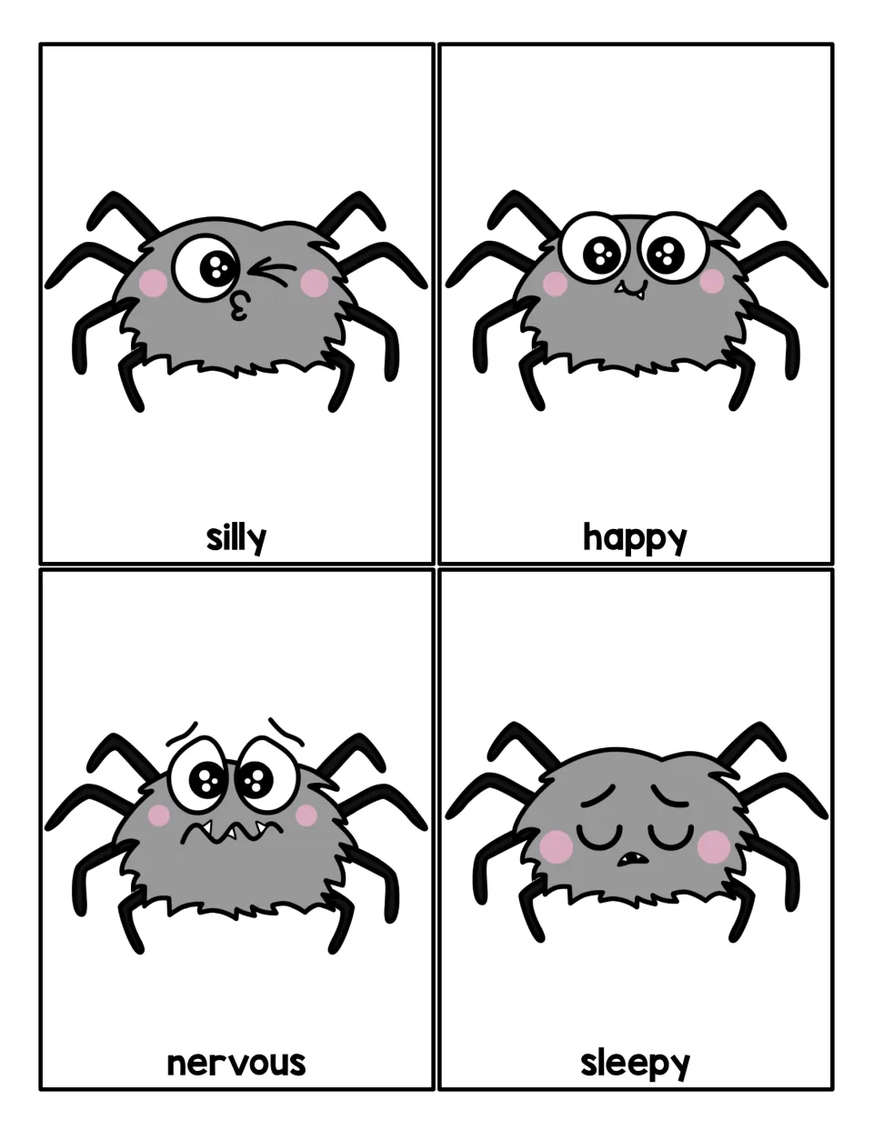Feeling word cards: cartoon spiders show silly, happy, nervous and sleepy faces, each with its emotion word below