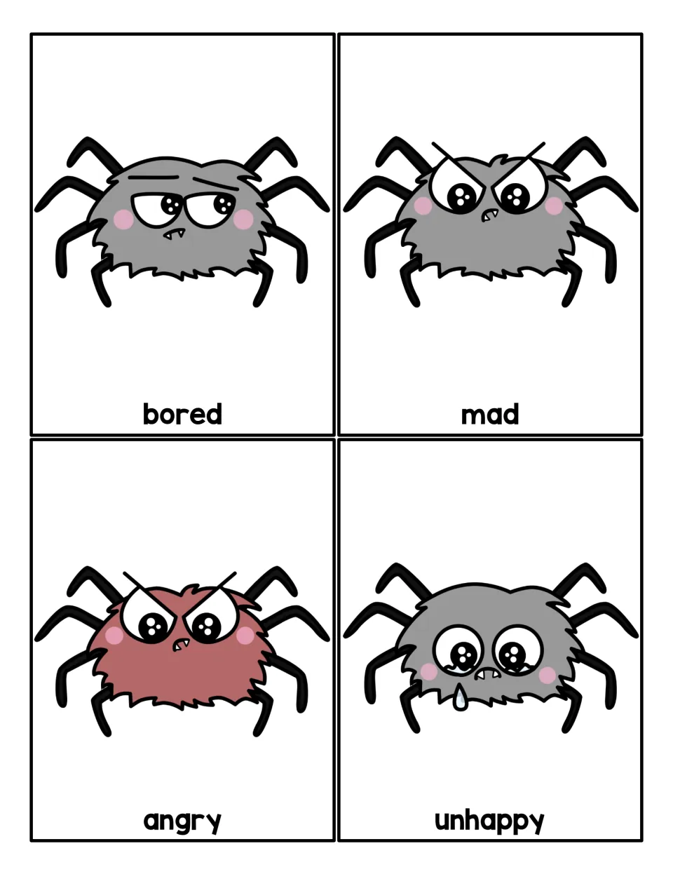 Emotion vocabulary cards: spiders looking bored, mad, angry (red body) and unhappy (a tear) with each word labeled