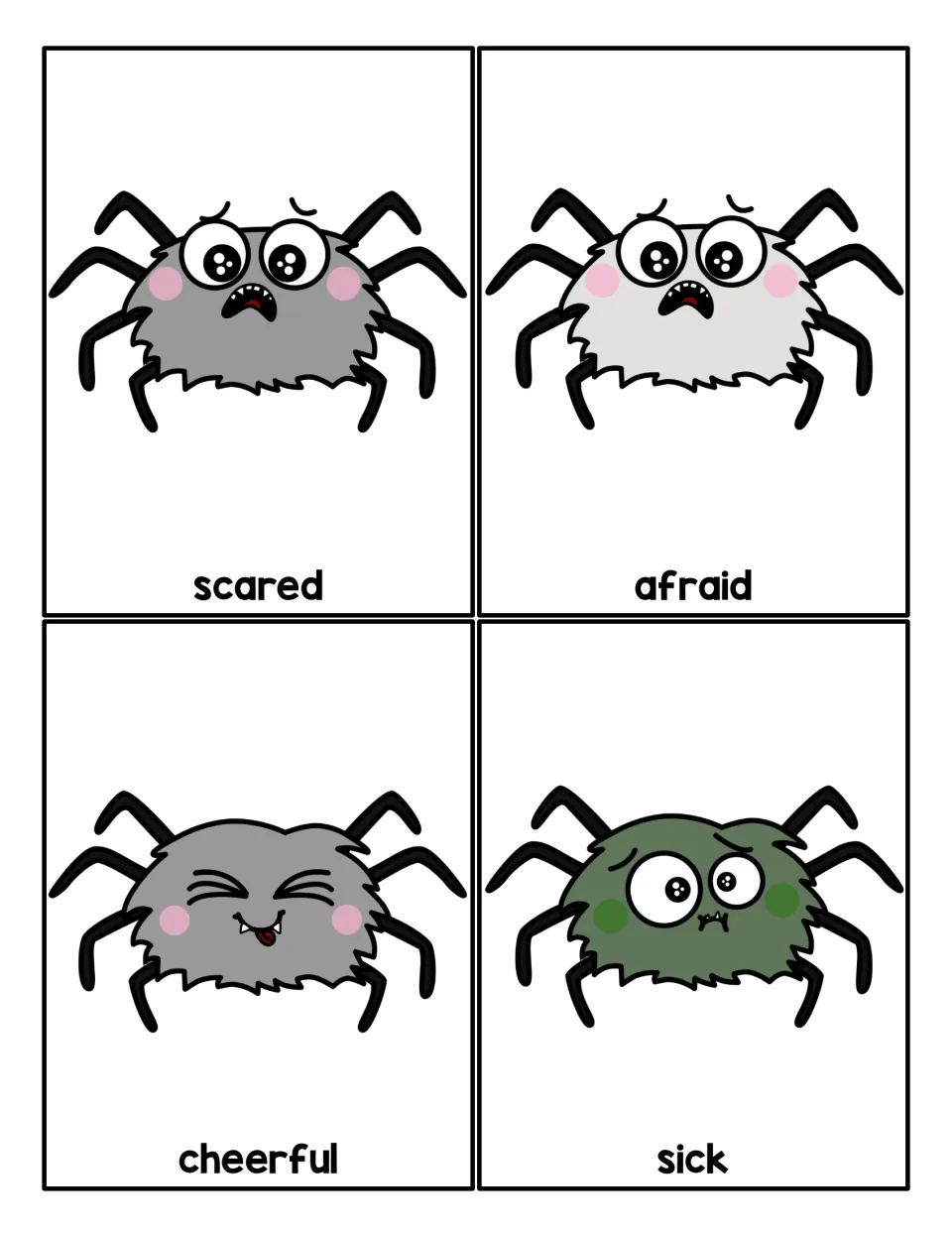 Spider feelings cards: scared, afraid, cheerful and sick faces, the sick spider green, each card naming the emotion